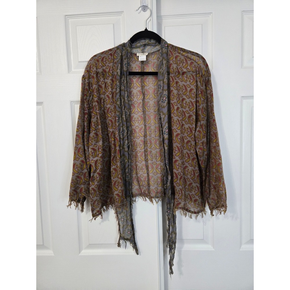 Natural Life Cotton Kimono Cardigan One Size Floral Grey Pink Fringe Boho Wrap